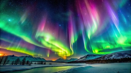 Vibrant display of Aurora Borealis in the night sky, northern lights, nature, colorful, celestial, breathtaking