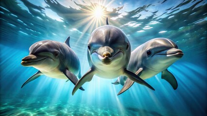Fototapeta premium A trio of dolphins swim through the crystal-clear ocean water, bathed in the golden rays of the sun, creating a mesmerizing underwater scene.