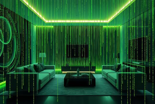 An avant garde living room overlaid with cascading green Matrix