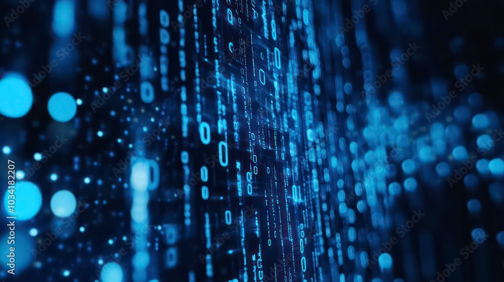 Poster abstract blue digital binary code background with bokeh lights.