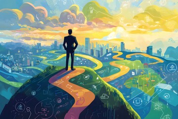 A Businessman Standing on a Hilltop Overlooking a Cityscape with a Winding Road