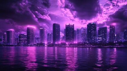 Fototapeta premium Neon Cityscape: Vibrant Skyscrapers Reflecting in Majestic Water under Dramatic Clouds
