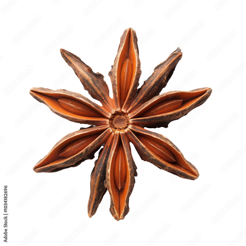 Poster star anise spice on a clean transparent background shows its unique star-shaped structure with pods 