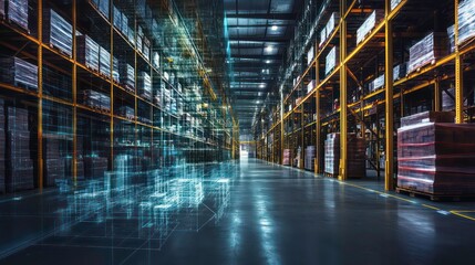 A large warehouse with high shelves stocked with boxes, with digital technology overlayed to create a futuristic feel.