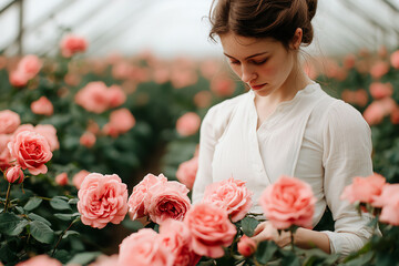 Fototapeta premium Woman admiring pink roses in a greenhouse