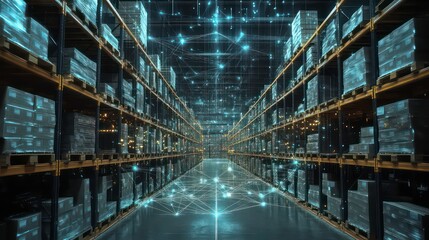 A modern warehouse with glowing blue digital network connecting the shelves with boxes.