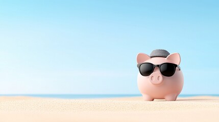 Cool Piggy Bank on Beach - Stylish Piggy Bank with Sunglasses and Hat Embracing a Fun Summer Vibe in a Vibrant Coastal Setting