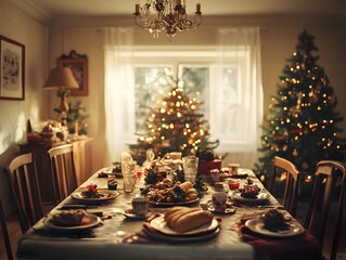 Cozy Holiday Dinner with Christmas Trees and Festive Decor