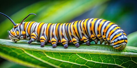 Naklejka premium Stunning 8K stock photo of a monarch caterpillar, showcasing intricate details and vibrant stripes, monarch