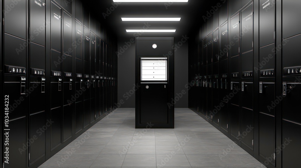 Poster a row of black server racks in a data center with one server in the center of the room.
