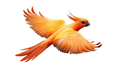 Obraz premium Vibrant orange bird with wings spread, white isolated background.
