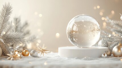 A large, clear glass ball rests on a white pedestal, appearing to float in mid-air. The background is soft and warm, with bokeh lights and a subtle glow.