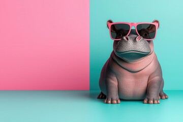 Snarky baby hippo wearing oversized sunglasses, vibrant 3D illustration, playful and bold expression, colorful background