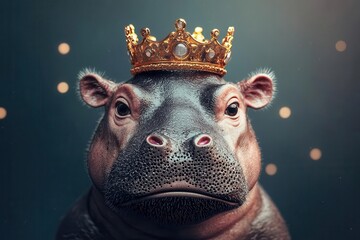 Snarky baby hippo wearing a crown, sarcastic expression, highly detailed 3D render, glowing fantasy landscape