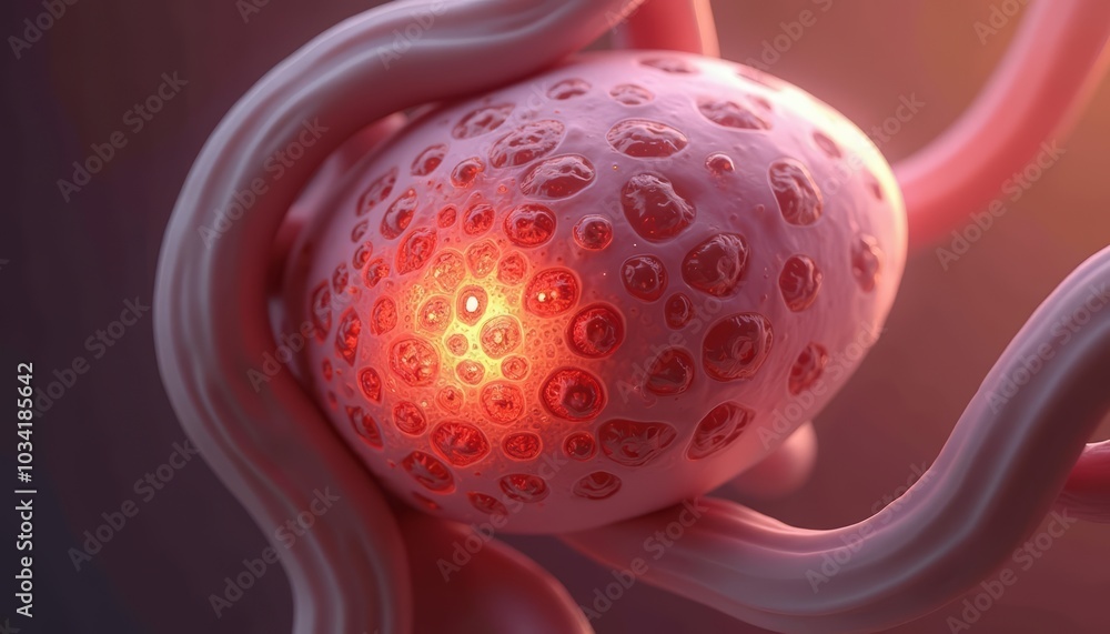Poster close-up render of a cell with illuminated inner structure representing biological processes and lif