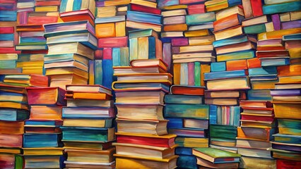 Colorful abstract painting of stacks of books representing knowledge and learning, books, knowledge, learning, colorful