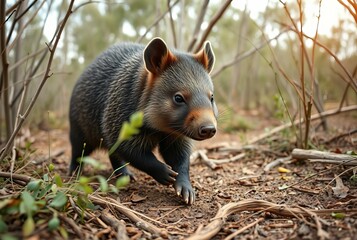 Fototapeta premium Wombat waddling through Australian bush low angle shot