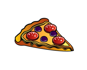 A slice of pizza with cheese and sausage. Original vector illustration in vintage style. T-shirt design.
