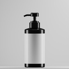  A sleek and modern black pump bottle with a blank white label, perfect for showcasing your cosmetic product branding and design. Ideal for lotions, shampoos, or liquid soaps.

