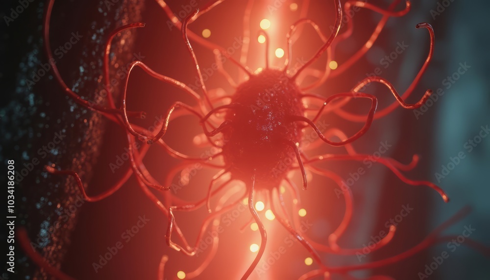Poster intricate 3d visualization of a microbial organism with glowing tendrils: perfect for science and te