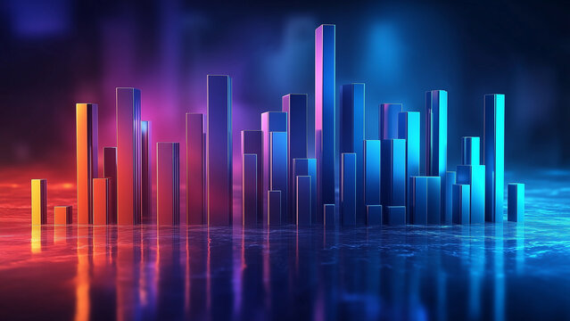 A 3D-style luminous bar chart showcasing vibrant, colorful bars against a dynamic backdrop. For business analytics, financial charts, and data themes.