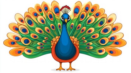 Vibrant Peacock Display, a stunning peacock showcasing its full, colorful feathers, ideal for use on a transparent white background in diverse design projects.