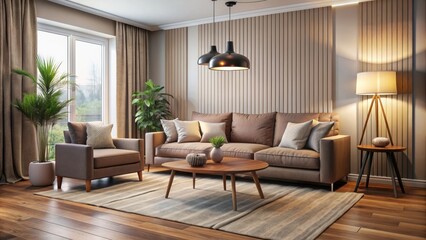 Fototapeta premium A cozy living room with a comfortable sofa, stylish furniture, and a modern lamp, furniture, lamp, sofa, house, interior