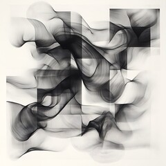 An abstract composition featuring flowing lines and geometric shapes in black and white, creating a dynamic visual rhythm.
