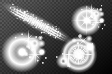 Light effect isolated flare explosion shiny dust line solar flare spark star sunlight, set vector effect