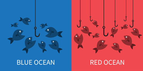 red ocean and blue ocean business strategy fish and hook. mass and niche market. vector illustration flat design. © Yellow duck