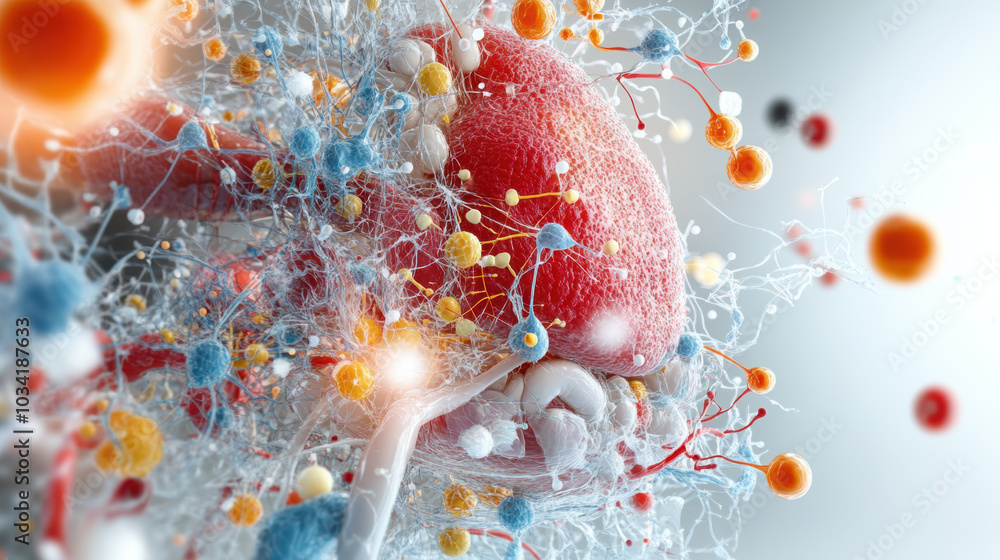 Poster 3d model of pancreas with visual indicators of insulin production and cellular activity