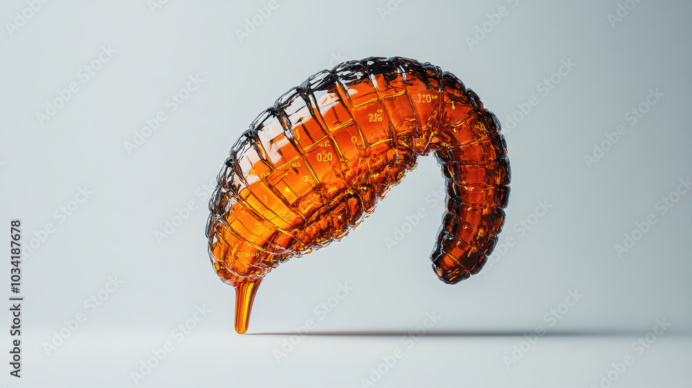Poster 3d model of pancreas with visual indicators of insulin levels, showcasing intricate design