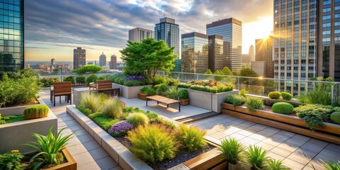 Fototapeta premium Closeup of a rooftop garden oasis in the city, rooftop, garden, oasis, city, urban, closeup, greenery, plants, design