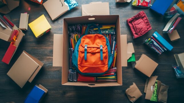Back to School Donation Drive, a cardboard box overflowing with vibrant school supplies, a colorful backpack, promoting community support for students in need.