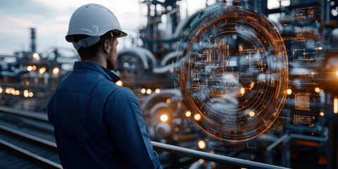 Industrial Worker Looking at Futuristic Digital Interface