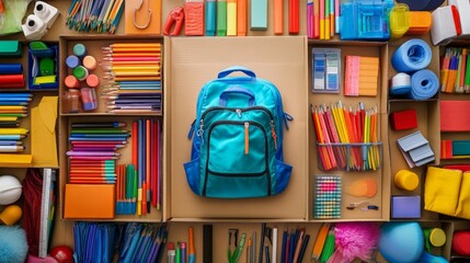 Back to School Donation Drive, a vibrant cardboard box overflowing with a backpack and colorful school supplies, symbolizing generosity and community support for students.