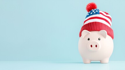 Patriotic Piggy Bank with American Flag Hat - Festive Financial Savings Jar in Red White and Blue for Independence Day Celebrations