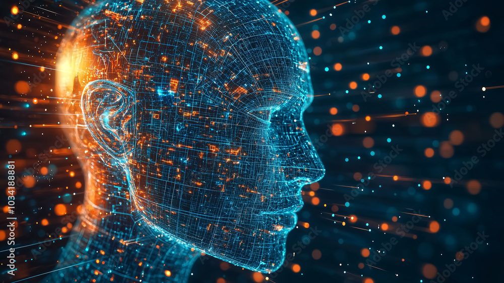 Poster digital representation of human head composed of glowing lines and particles, symbolizing artificial
