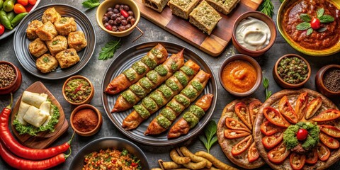 Fototapeta premium Traditional Turkish cuisine featuring delicious kebabs, baklava, mezes, and borek , Turkish food, culture