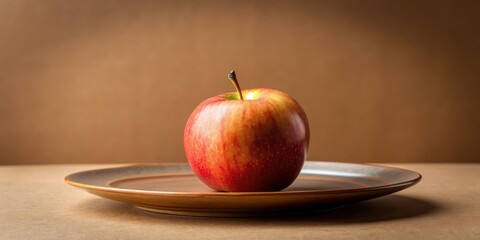 Perfect apple placed on a brown plate with a ripe apple on a soft beige background, apple, ripe, perfect, fruit, healthy, organic