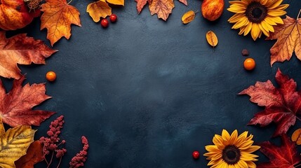 Fall leaves, pumpkins, and sunflowers arranged in a frame around a dark blue background.