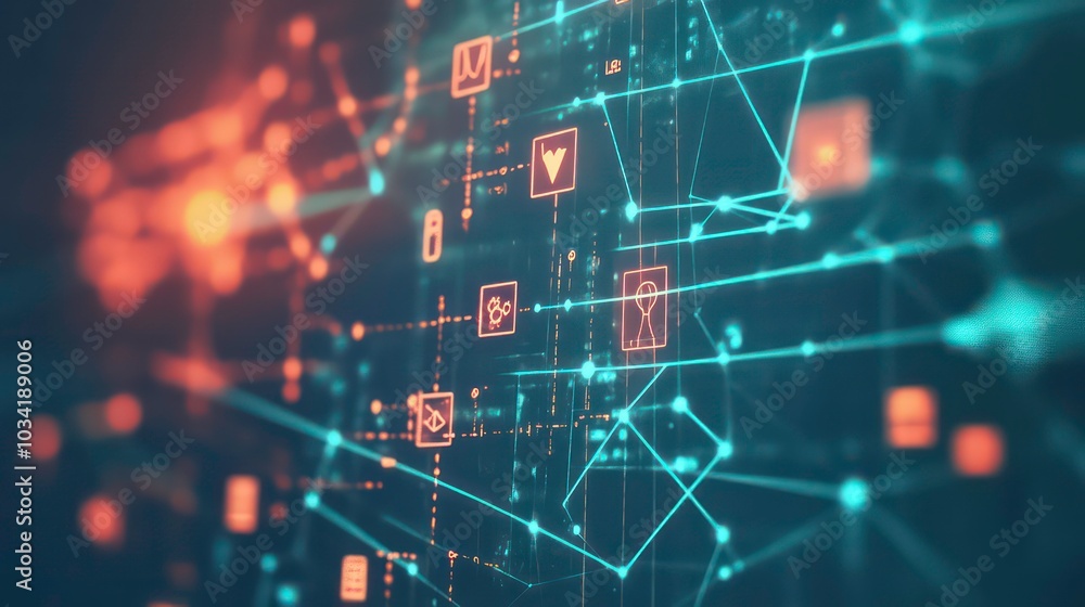 Poster abstract digital network with connected lines and icons on a dark background.