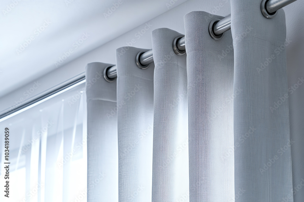 Poster elegant sheer curtains hanging on a window, allowing soft light to filter through, creating a serene