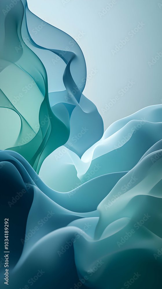 Poster abstract minimalist background featuring blue and green shapes with fluid curves and soft gradients
