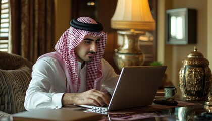 Young Arabic Businessman Diligently Using His Laptop In His Home Office To Carry Out His Work Duties And Responsibilities. A Professional Portrait.