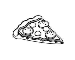 A slice of pizza with cheese and sausage. Original vector illustration in vintage style. T-shirt design.