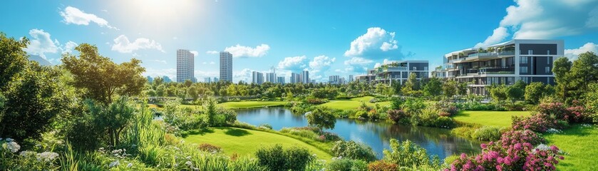 Fototapeta premium Green urban park with a pond and buildings in the background.