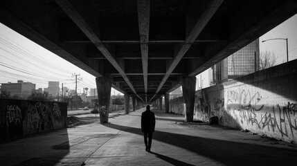 A solitary figure walks under a bridge, surrounded by urban graffiti, capturing a sense of isolation.