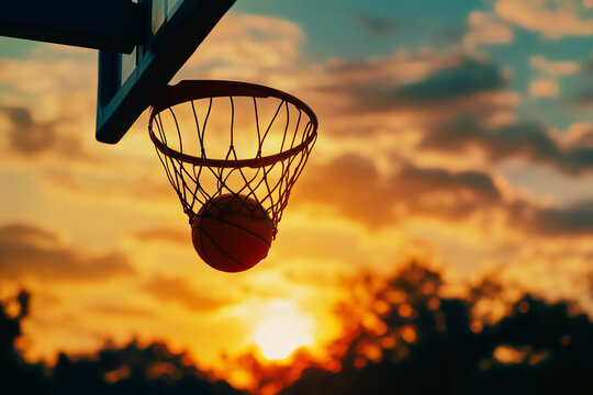 A stunning sunset silhouette of a basketball hoops highlighting the beauty of evening sports and nature in perfect harmony