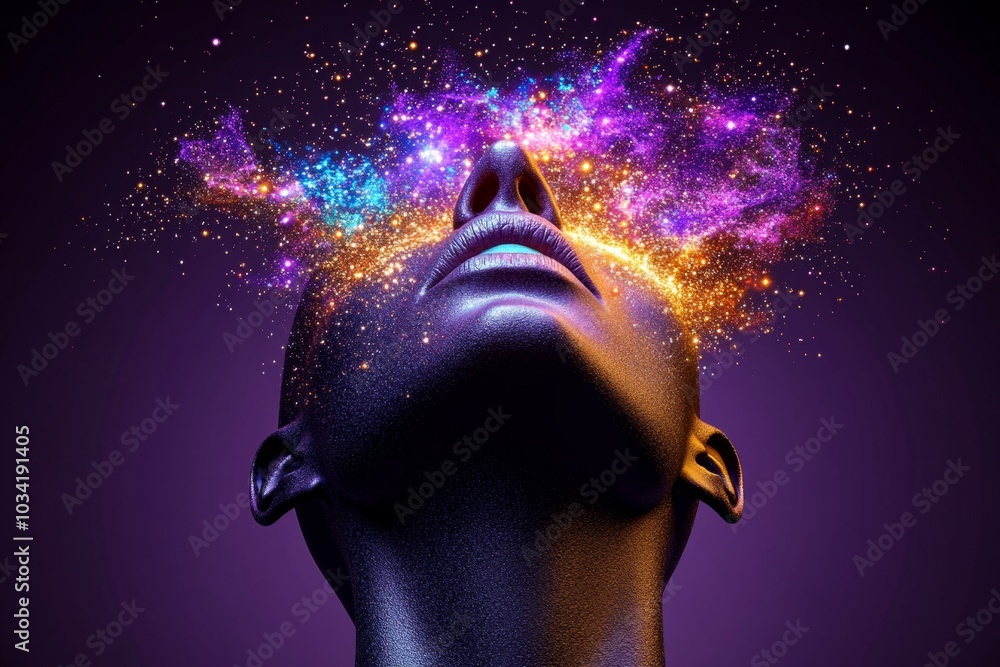 Wall mural 3d rendering of a figure dissolving into stardust, becoming one with the universe